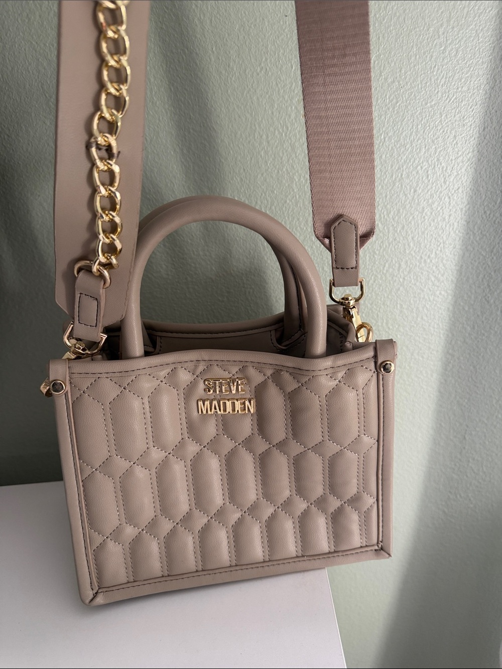 Steve Madden Quilted Taupe Mini Satchel with Gold Hardware